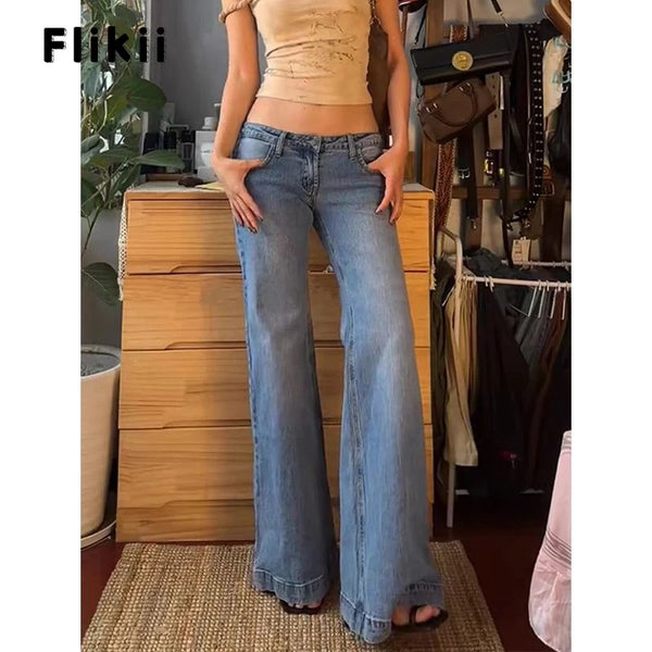 Women's Retro Washed Low Waisted Flared Jeans Summer New Chic Casual Wide-leg Pants Female Sexy Denim Bell-bottoms Trousers